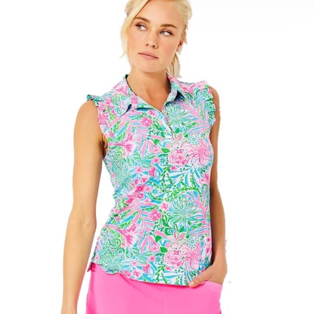 Lilly Pulitzer Frida Ruffle Sleeveless Polo Luxletic Top Size Medium